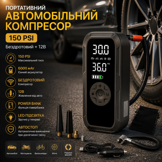 Портативный автомобильный компрессор 150 PSI 6000 мАч беспроводной + 12В, насос для шин, Power Bank, LED, автоотключение Киев