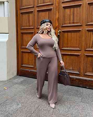 Жіночий костюм лонгслів і штани з трикотажу рубчик, еластичний палаццо, мокко, розмір 48/50 Лубны