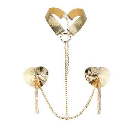 Стікіні наклейки на груди з ланцюжком та ошийником золотисті - розмір сердечка близько 6см Київ