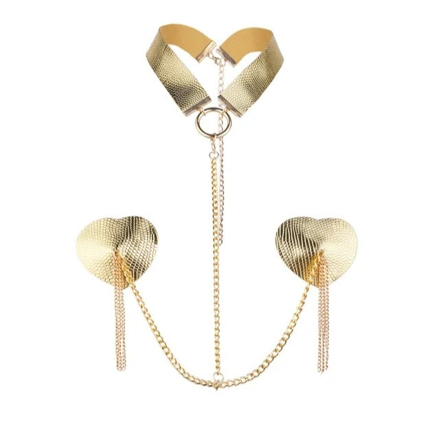 Стікіні наклейки на груди з ланцюжком та ошийником золотисті - розмір сердечка близько 6см Київ - фото 1