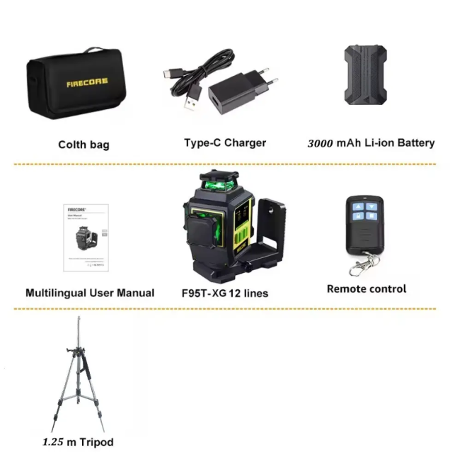 Лазерный уровень нивелир Firecore F95T-XG 3000мА 3D (12 линий) 360 + штатив 1.25м Винница - изображение 2