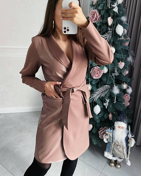 Женское стильное платье-пиджак с поясом костюмная ткань + экокожа Мокко, 42/44 Одесса - изображение 8