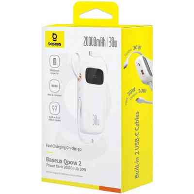 Батарея универсальная Baseus QPow2 20000mAh 30W, with 2*Type-C Cable, White (P10055009213-00) Винница