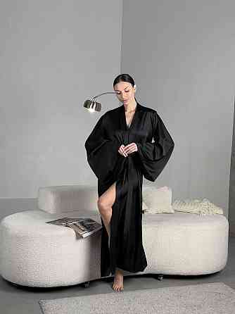 Женский домашний халат макси на запах из шелка армани Черный, 48/50 Одесса