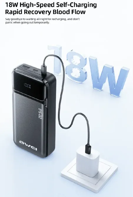Зовнішній акумулятор Power Bank AWEI PA-92 20000 мА·год 22.5W QC3.0 PD дисплей швидка зарядка, LED індикатор QC Одеса - фото 7
