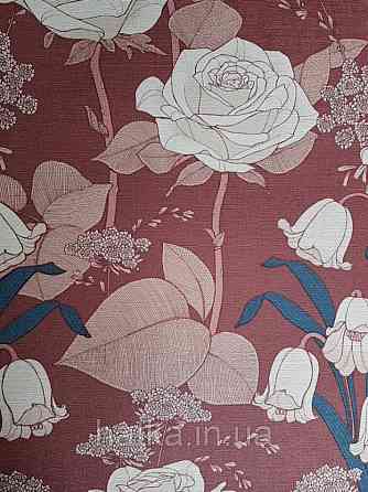 Шпалери вінілові Lutece Melody 51197010 квіти листя рожеві білі сині на бордовому тлі Київ