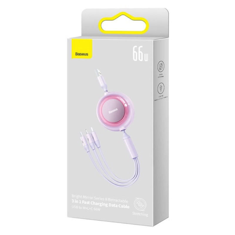 Кабель Baseus Bright Mirror 2 Series Retractable 3-in-1 Fast Charging  Data Cable USB to M+L+C 66W 1.1m Purple Киев - изображение 2