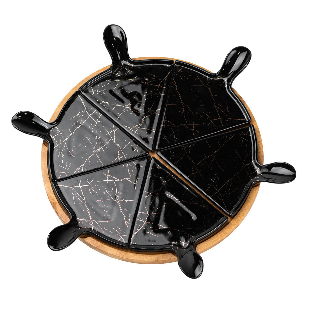 Тарелка для пиццы 28 см фарфоровая с бамбуковой вращающейся подставкой, секционная черная HP1247 Киев - изображение 5