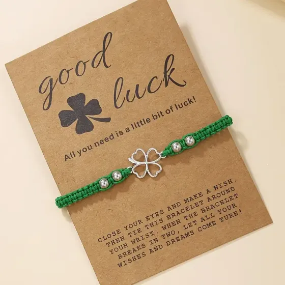 Браслет на удачу с четырёхлистником — регулируемый зелёный шнурок Киев