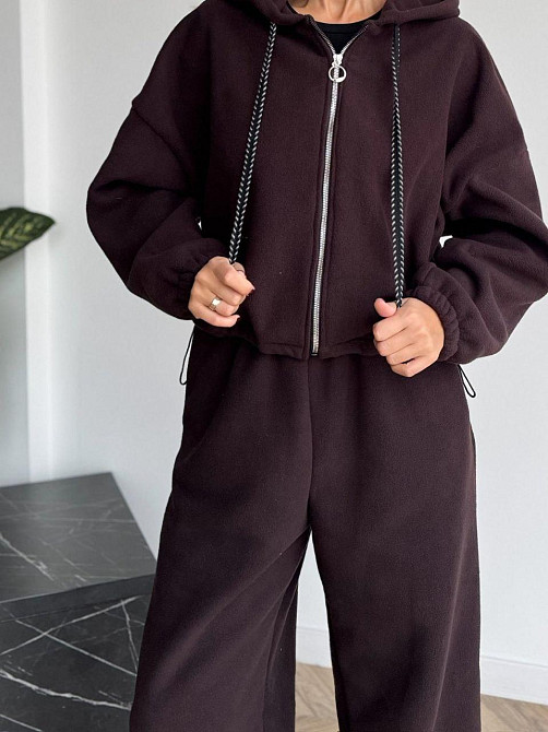 Женский стильный женский флисовый костюм-оверсайз с капюшоном. шоколад, 46/48 Одесса - изображение 2