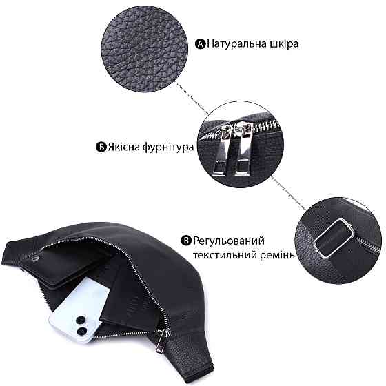 Удобная сумка-бананка унисекс из натуральной кожи Shvigel 22824 Черная Киев