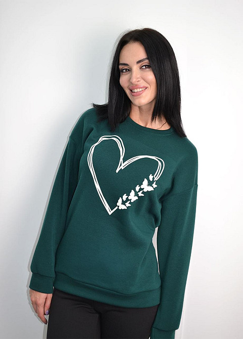 Утеплений світшот з принтом "Heart" оптом | Норма і батал Темно-зелений, 50-52 Київ - фото 3