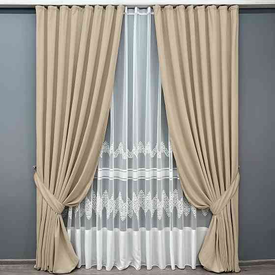 Комплект штор VR-Textil Мікровелюр Petek 150х270 2шт і Тюль 600х270 2013ш-1706т Бежевий з молочним 71-194/5 Київ