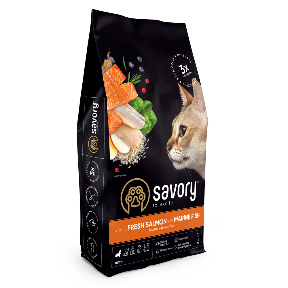Корм сухой Savory Kitten rich in Fresh Salmon with Marine Fish для котят всех пород со свежим лососем и морской рыбой 8 Киев - изображение 1