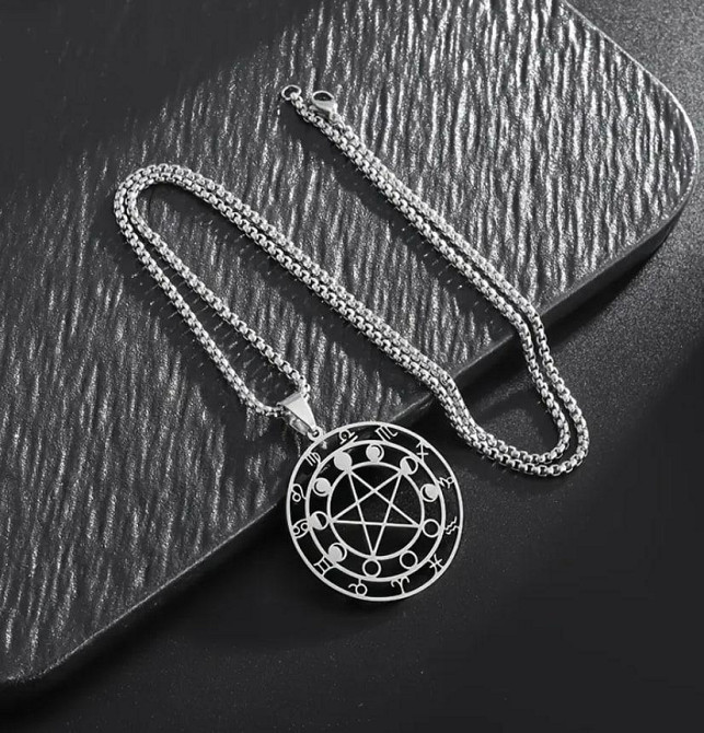 Подвеска с пентаграммой, лунными фазами и знаками зодиака — серебристый кулон с цепочкой Киев - изображение 2
