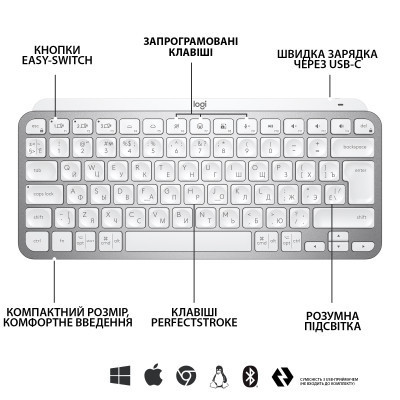 Клавіатура Logitech MX Keys Mini Wireless Illuminated UA Pale Grey (920-010499) Вінниця - фото 10