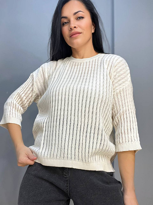 Джемпер женский KARON 10646 полупрозрачный реглан ажурная вязка косичка короткий рукав one size, молочний, one size Киев - изображение 7