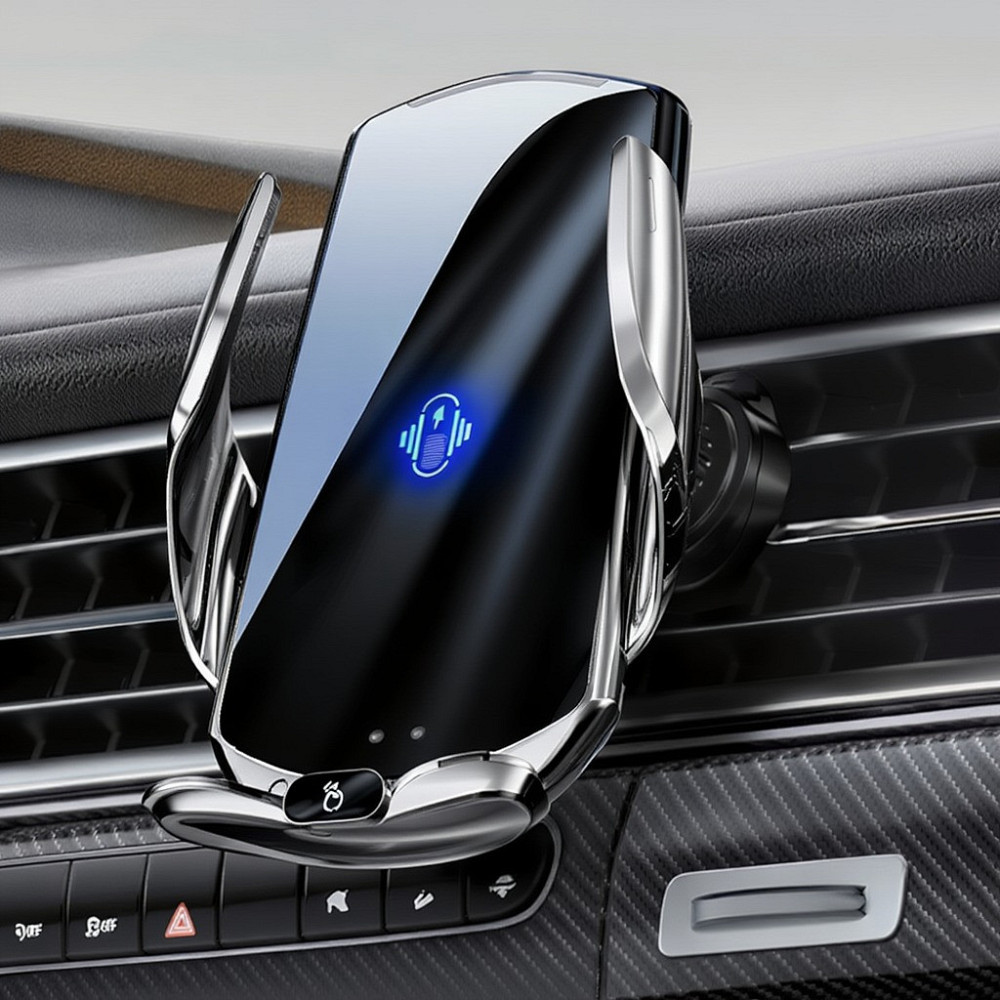Тримач для телефону, автомобільний з бездротовою магнітною зарядкою 15w Type-C, Micro, Lightning, сріблястий Кам'янець-Подільський - фото 1