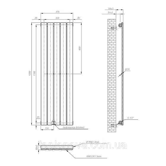 Вертикальный радиатор Largo 376х1200-5, anticor, черный муар Черновцы