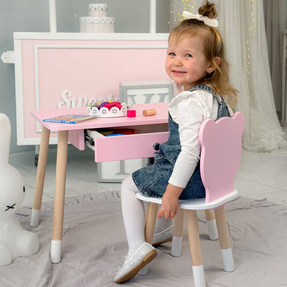 Стол прямоугольный с ящиком 46х60х45 и стул медвежонка 26х26х24, столик и стульчик для детской комнаты, розовый с белым Каменское - изображение 2