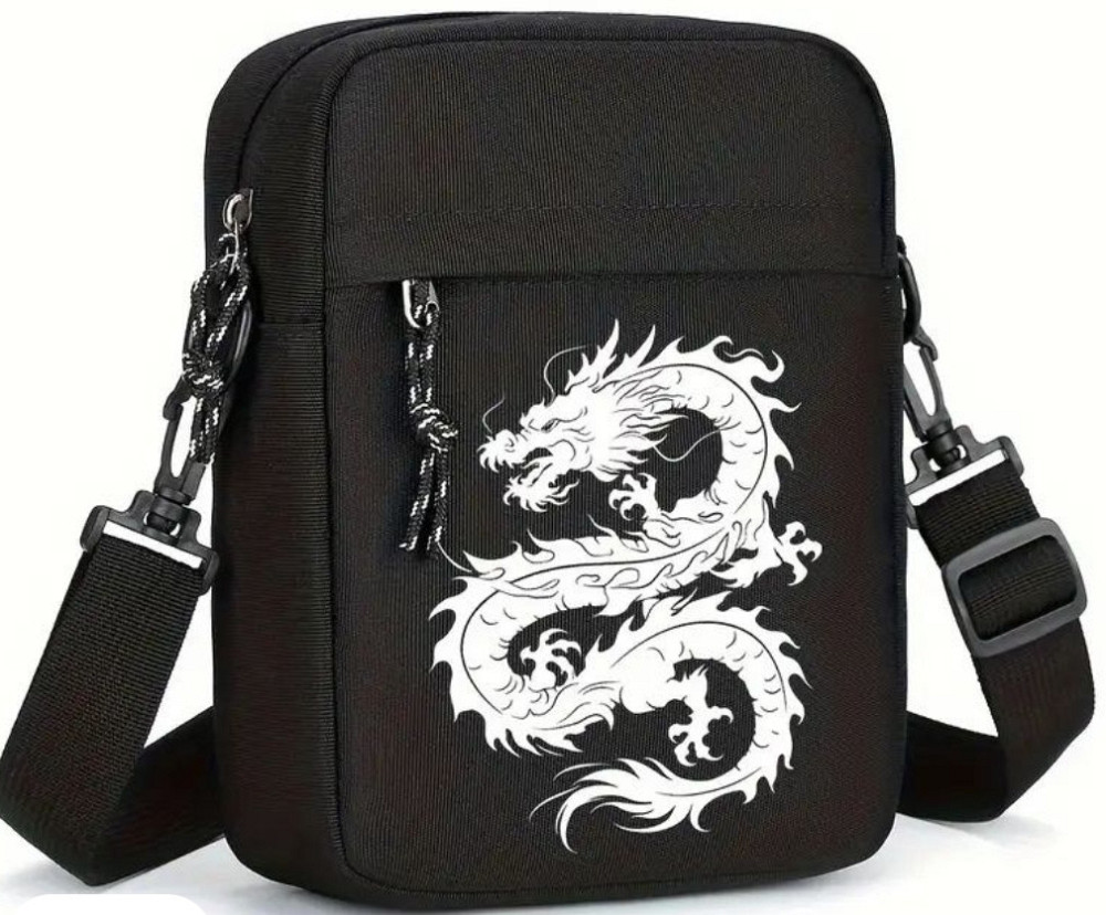 Стильна Чоловіча Чорна Сумка через Плече з принтом дракона. Харьков - изображение 5