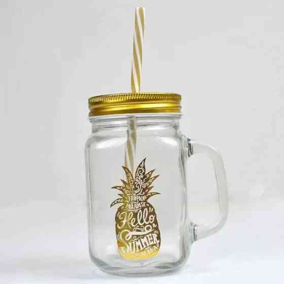 Банка з ручкою, кришкою та трубочкою ананас 450мл Вінниця