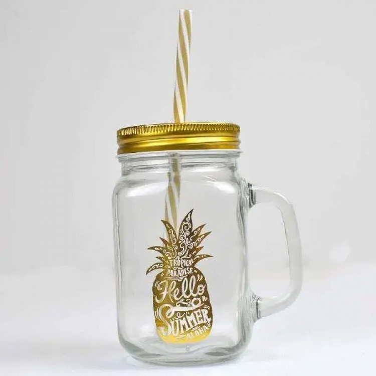 Банка с ручкой, крышкой и трубочкой ананас 450мл Винница - изображение 1