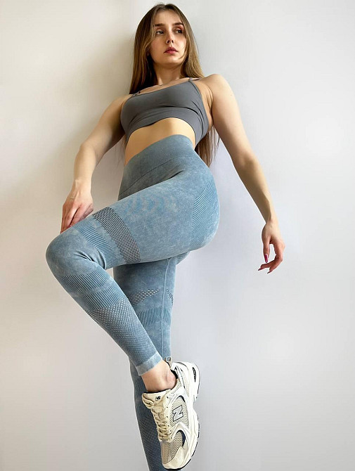 Спортивні лосини зі збіркою для фітнесу push up з перфорацією з широким поясом висока посадка пуш ап Blue Одеса - фото 8