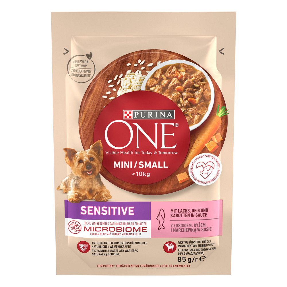 Влажный корм PURINA ONE Mini/Small Sensitive для взрослых собак мелких пород, с чувствительным пищеварением, с лососем, рисом и морковью, 85 г Киев - изображение 1