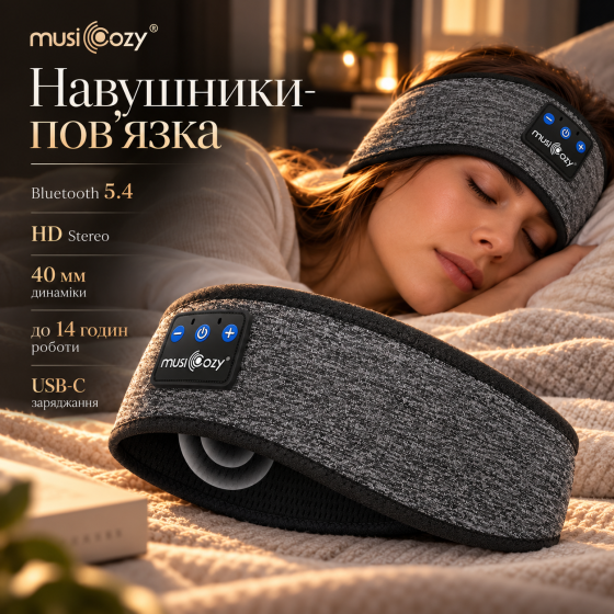 Бездротові навушники-пов'язка MUSICOZY Bluetooth 5.4 для сну та спорту, HD Stereo, 40 мм, до 14 годин, USB-C, сірі Київ