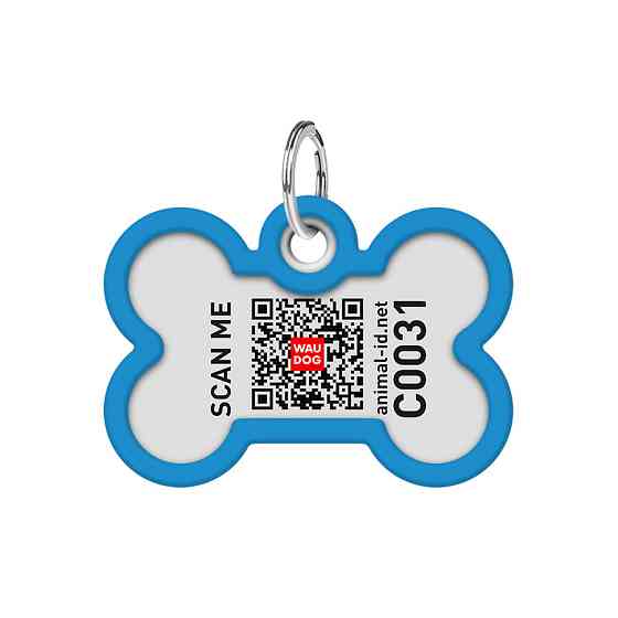 Адресник для собак і котів металевий WAUDOG Smart ID з QR паспортом, малюнок "Градієнт блакитний", кістка, Д 40 мм, Ш 28 мм Київ