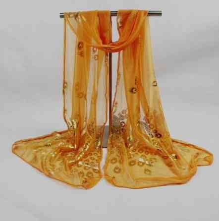 Женский шарф с Павлинами оранжевый, размер шарфа 160*43см, нейлон Киев