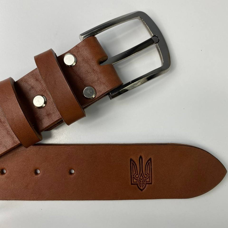 Чоловічий ремінь з натуральної шкіри для джинсів, шкіряний пояс з тисненням Герб, коричневийMasterSem Київ - фото 8