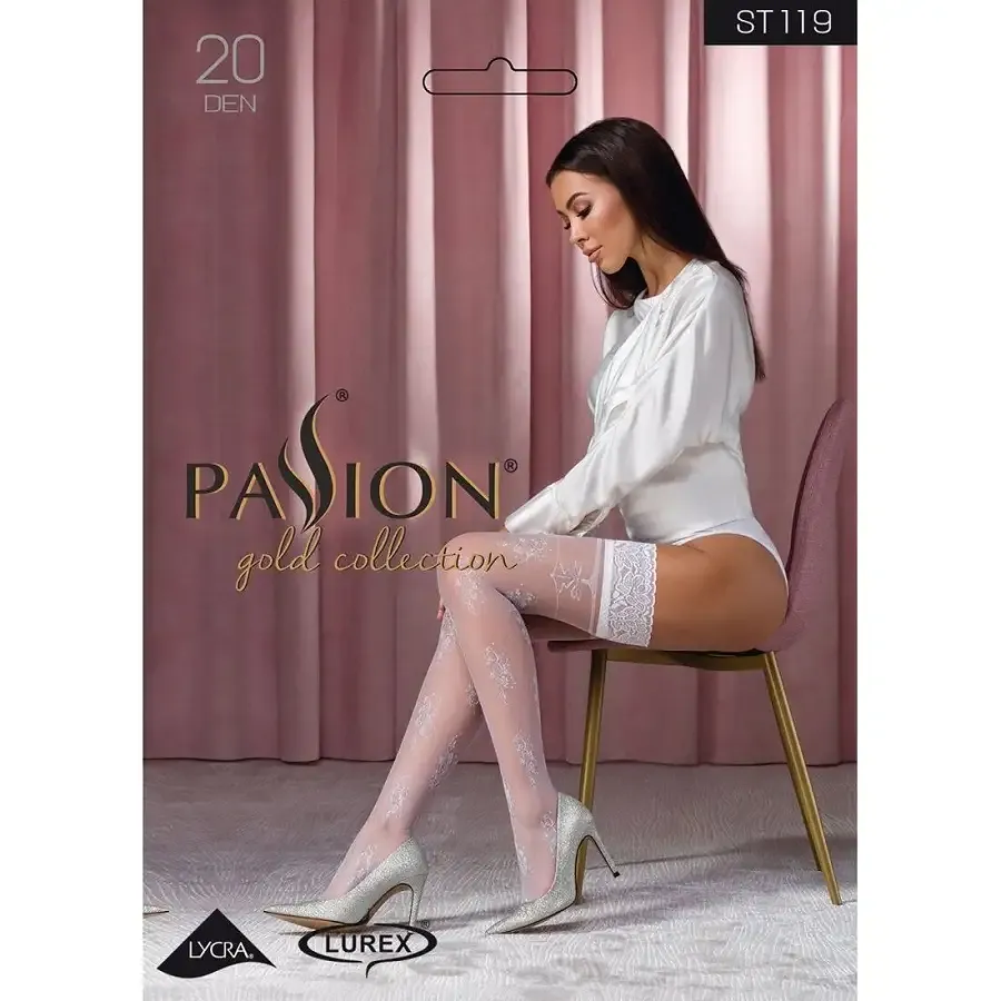 Панчохи Passion ST119 3/4 white, ажурна силіконова резинка з квітковим декором і люрексовою ниткою Львов - изображение 3