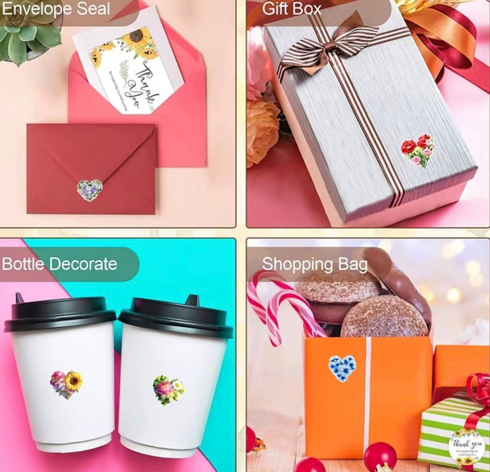 Наклейки сердечки с цветами 500 шт рулон декоративные стикеры для подарков упаковки конвертов Киев - изображение 2