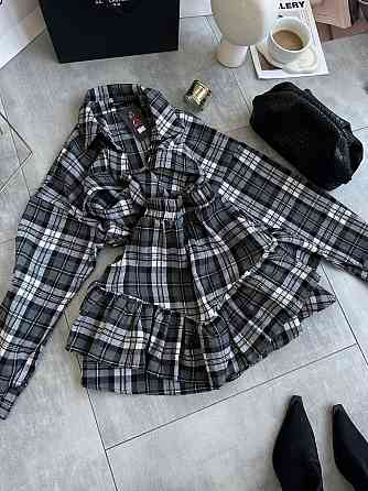 Женский костюм двойка: рубашка и юбка в клетку фланель Черный 2 Одесса
