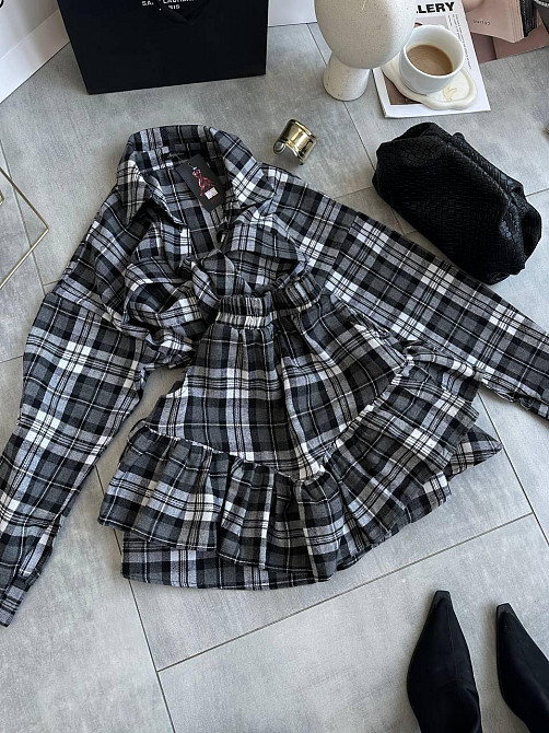 Женский костюм двойка: рубашка и юбка в клетку фланель Черный 2 Одесса - изображение 1