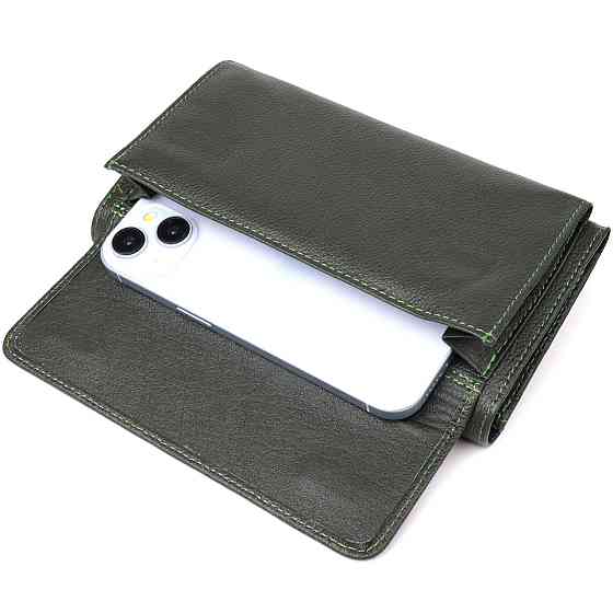 Горизонтальний гаманець з кишенею для телефону з натуральної шкіри Зелений (ST Leather) Київ