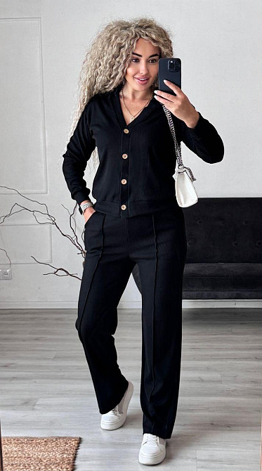 Жіночий стильний повсякденний костюм-двійка: кардиган на ґудзиках + штани трикотажний рубчик Чорний, 46/48 Одеса - фото 4