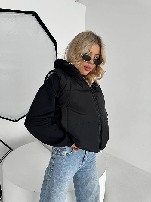 Жіноча двостороння жилетка з кулісками з боків і кишенею плащівка емі + силікон Чорний, 46/48 Одеса - фото 5