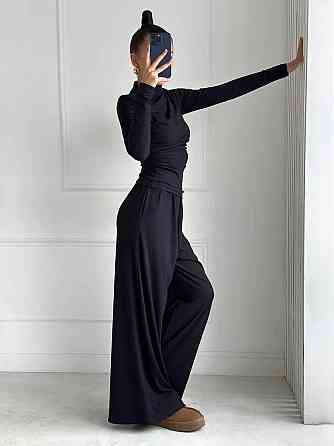 Женский стильный повседневный костюм двойка трикотаж рубчик Черный, 46/48 Одесса