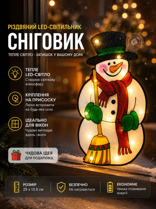 Рождественский LED-светильник на окно «Снеговик» (25х13.5 см), на присоске, с теплым светом Киев - изображение 1