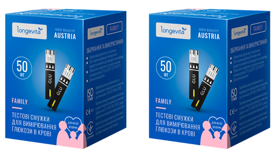 Тестовые полоски для измерения глюкозы в крови Longevita Family 100шт.(2*50шт) (6837151) Киев