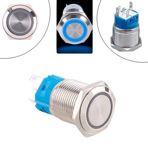 Кнопка 22 мм фиксирующаяся 12–24 В синий LED 5 pin 22F-11EZ, металлическая с подсветкой Киев - изображение 1