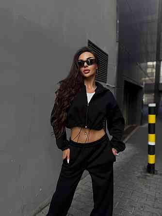 Утепленный женский костюм двойка в спортивном стиле трехнитка на флисе Черный, 42/44 Одесса