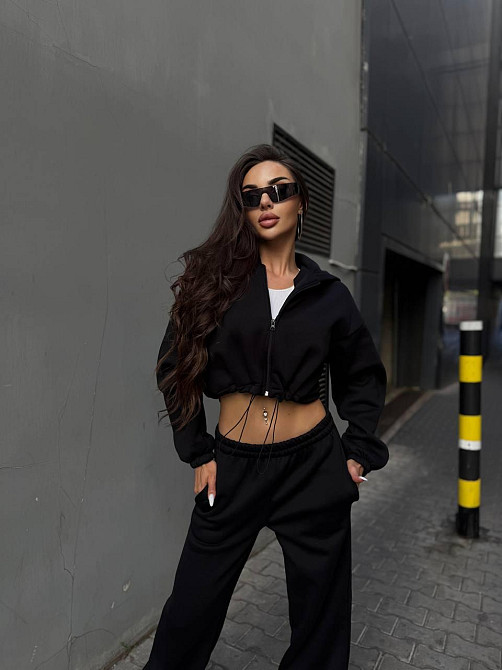 Утеплений жіночий костюм двійка у спортивному стилі тринитка на флісі Чорний, 42/44 Одеса - фото 5