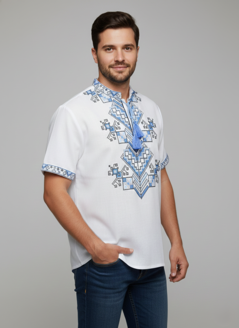 Чоловіча вишиванка на домотканому полотні короткий рукав з голубим орнаментом Київ - фото 1
