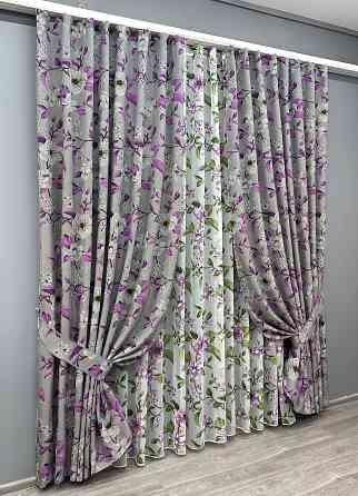 Комплект штор VR-Textil Лен Прованс 200х265 2шт и Тюль 600х265 1820ш-1802т Серый с фиолетовым и белым 71-109/7 Киев