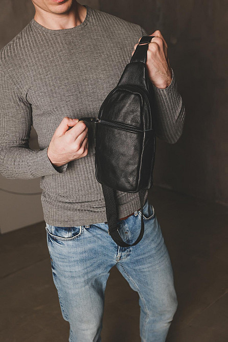 Сумка через плече шкіряна, сумка-слинг чоловіча SL014 (Чорна) Суми - фото 2