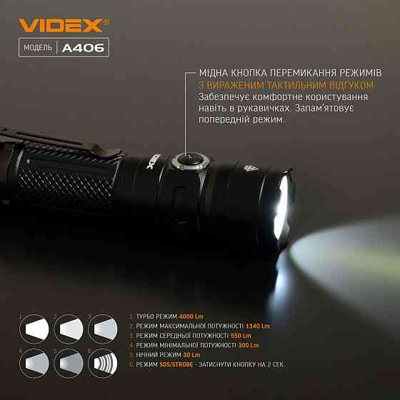 Ліхтарик LED портативний 4000Lm 6500К чорний VLF-A406 Videx Житомир